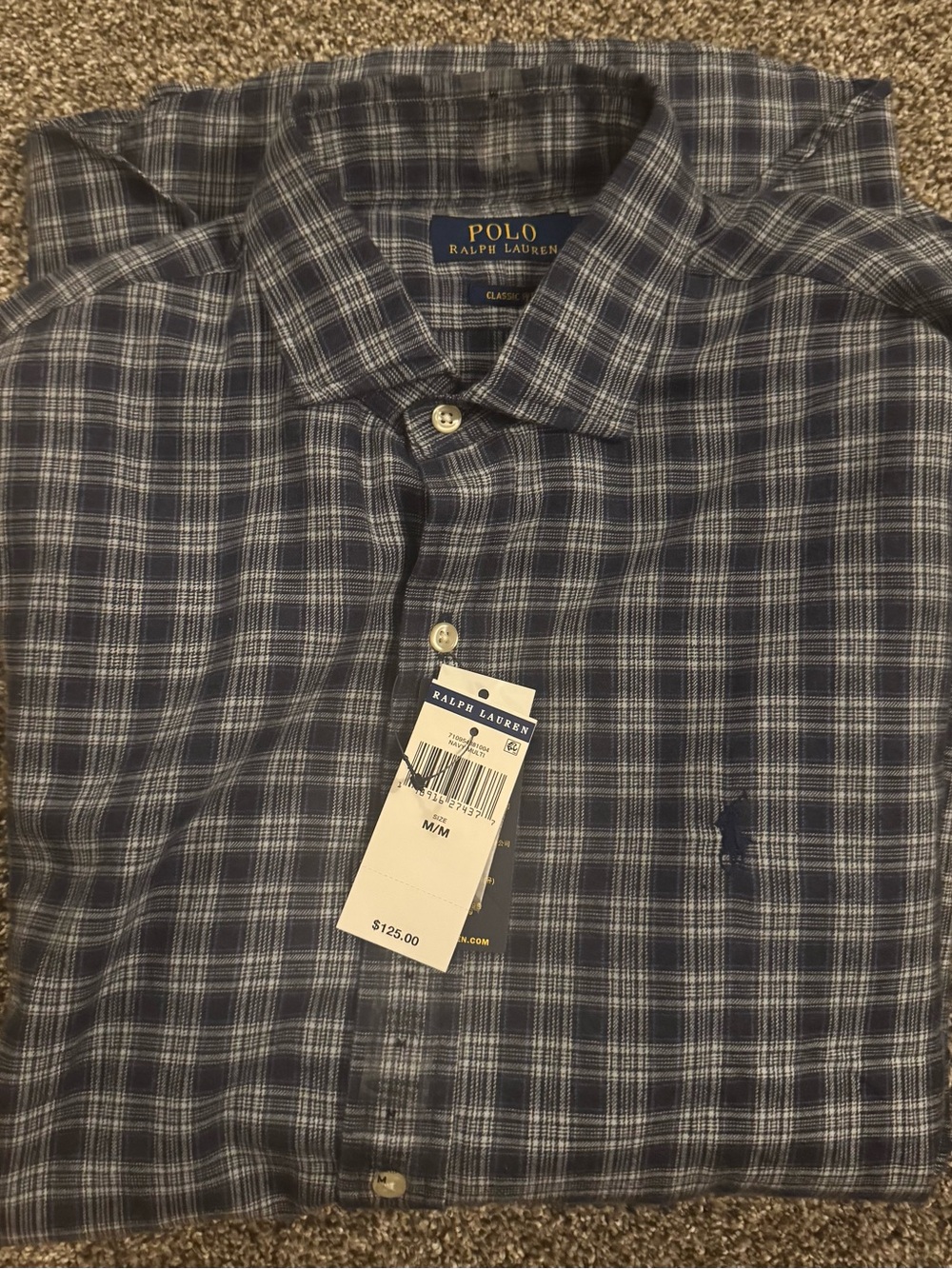 Men's Polo Ralph Lauren Classic Fit Navy Button Down Plaid Polo Shirt- M NWT
